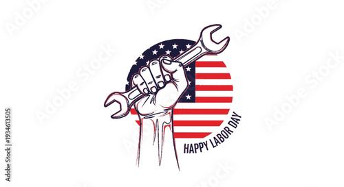 Hand holding wrench in front of american flag on labor day