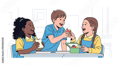 Modern vector illustration of diverse students laughing and sharing lunch together. Friendship, inclusion and positive school environment concept in classroom setting