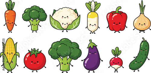 Cute Cartoon Vegetable Characters Collection Vector Illustration Set with Smiling Healthy Food Mascots for Kids Design