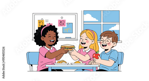 Modern vector illustration of diverse students laughing and sharing lunch together. Friendship, inclusion and positive school environment concept in classroom setting
