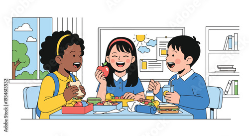 Modern vector illustration of diverse students laughing and sharing lunch together. Friendship, inclusion and positive school environment concept in classroom setting