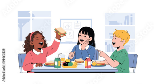 Modern vector illustration of diverse students laughing and sharing lunch together. Friendship, inclusion and positive school environment concept in classroom setting