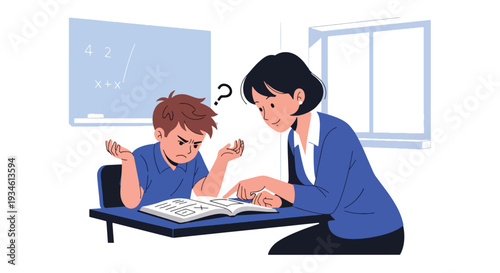 Modern vector illustration of student frustrated with math problem while teacher assists patiently. Academic challenge and emotional support concept in classroom