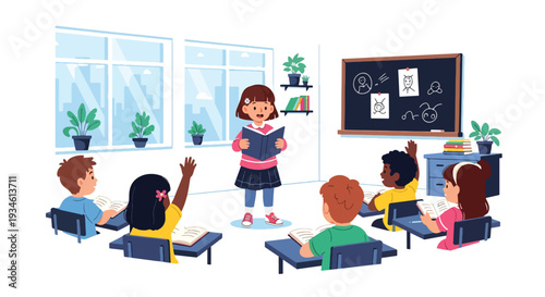 Modern vector illustration of child confidently reading book aloud in classroom. Literacy development, public speaking and self confidence education concept