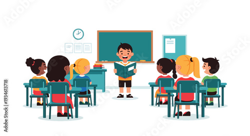 Modern vector illustration of child confidently reading book aloud in classroom. Literacy development, public speaking and self confidence education concept