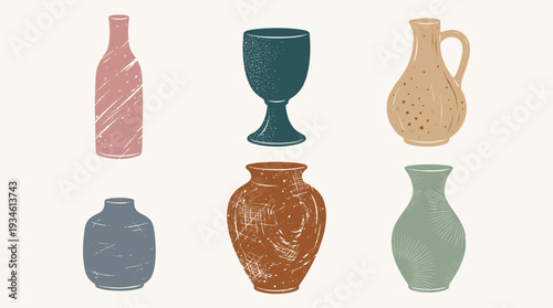 Handdrawn pottery and ceramics icon set in textured watercolor style, bottle, chalice, pitcher, vase, and jug