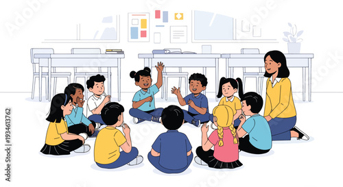 Modern vector illustration of students participating in discussion circle. Emotional communication and collaborative learning concept in supportive classroom environment