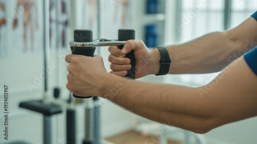 Bright clinical testing setup featuring steady hand placement on a grip device and natural light, creating a serene focused atmosphere with balanced geometry.