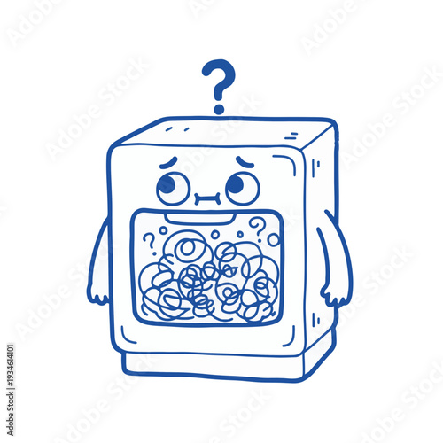 Hand-drawn square dishwasher robot character confused expression kitchen appliance troubleshooting maintenance concept
