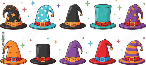Colorful Halloween Witch Hat Collection Vector Illustration Set with Magical Cartoon Wizard Caps and Festive Party Design Elements