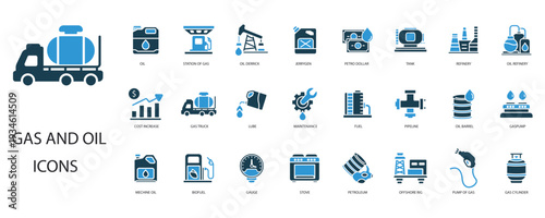 gas and oil icons set outline and Flat Style,transparent background
