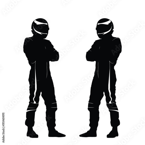 Two racing driver silhouettes helmet arms crossed facing vector motorsport illustration pair set