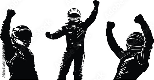 Racing driver celebrating victory silhouette fist raised helmet motorsport vector illustration set