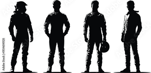 Four racing driver silhouettes helmet poses jumpsuit casual standing vector motorsport illustration