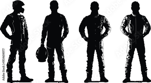 Racing car driver silhouettes four poses helmet standing black white vector illustration set