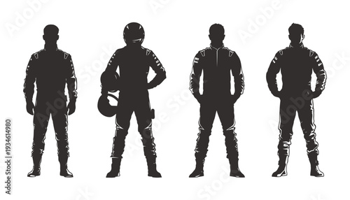 Racing driver silhouette set four poses jumpsuit helmet vector illustration motorsport collection