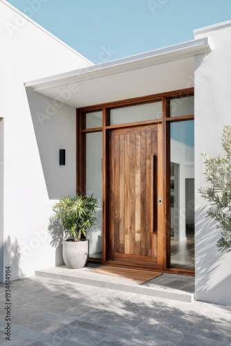 The entrance of a contemporary home boasts a stunning wooden door framed by lush plants, all highlighted beautifully by the bright sunlight, showcasing a clean and minimalist design aesthetic