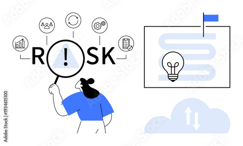 Risk management concept. Risk is highlighted with icons for analysis, goals, innovation, and processes. Risk analysis supports planning, decision-making, and innovation. For management corporate