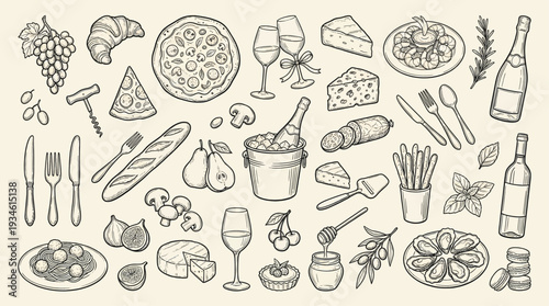 Gourmet food and wine icon collection in sketch style, pizza slices, cheese wedges, fresh fruits, pastries, and seafood