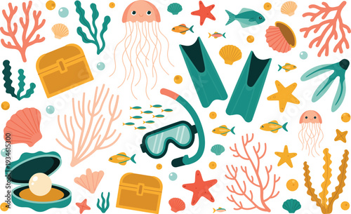 Underwater Exploration Set: Snorkel Gear, Treasure Chest, Coral, Fish, and Pearls