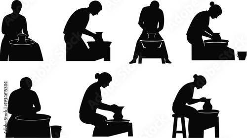 Silhouettes of potters, shaping clay, on pottery wheels, in various poses, for craftsmanship, ceramics, pottery making, art, and traditional craft concepts