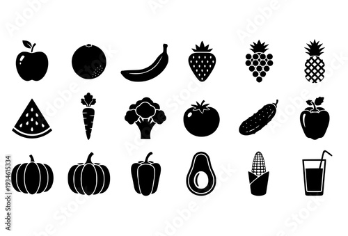 Black Silhouette Fruit and Vegetable Icons with Juice Glass for Healthy Food Design