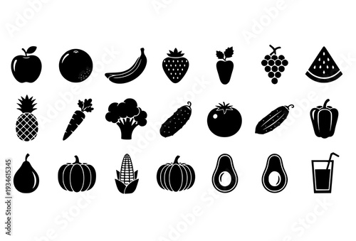 Black Silhouette Fruit and Vegetable Icons with Juice Glass for Healthy Food Design