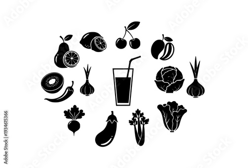 Minimal Black Food Silhouette Icon Collection for Healthy Lifestyle Concepts