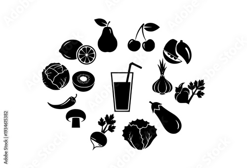 Minimal Black Food Silhouette Icon Collection for Healthy Lifestyle Concepts