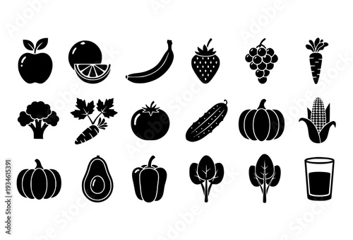 Bold Black Fruit Vegetable and Juice Silhouette Set in Flat Icon Style