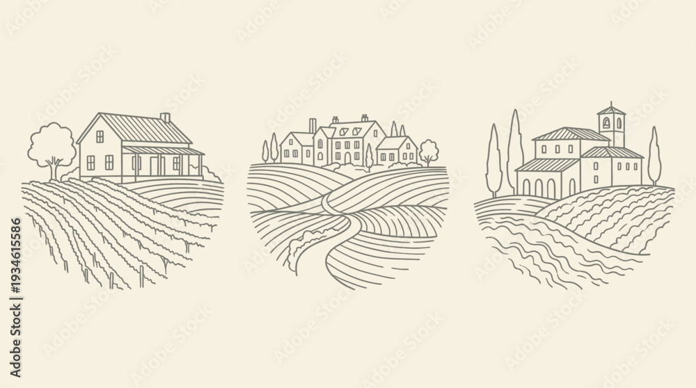 Fototapeta premium Rural countryside village and vineyard icon set in line art style, farmhouses, rolling fields, trees, and Tuscan buildings.