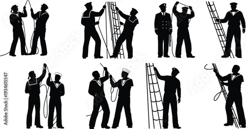 Silhouettes of sailors and naval officers performing ship duties, climbing ropes, maritime teamwork, nautical crew operations