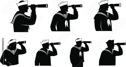 Silhouettes of sailors, in naval uniforms, looking through telescopes, in profile view, for maritime navigation, exploration, search, and nautical observation concepts