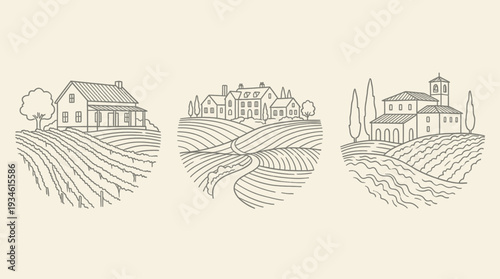 Rural countryside village and vineyard icon set in line art style, farmhouses, rolling fields, trees, and Tuscan buildings.