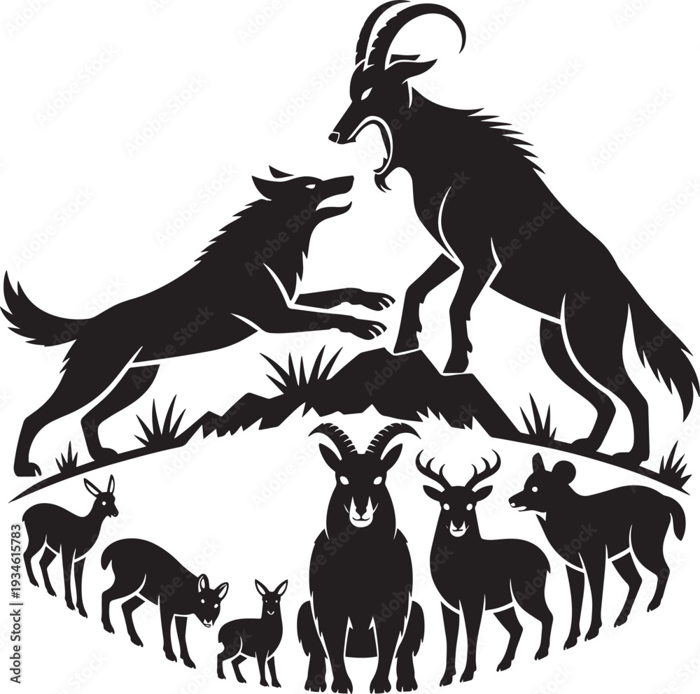 Fototapeta premium Wolf fighting ram goat deer rabbit animals on rocky mountain nature scene wildlife