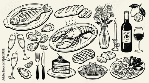 Seafood dining icon collection in outline style, fish, lobster, oysters, wine, and cake