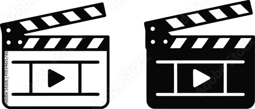 Black and white clapperboards with play button icons indicating video production and recording. Vector