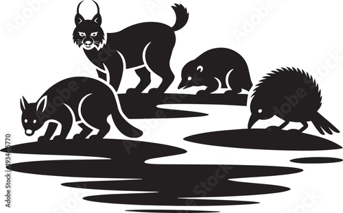 Wild lynx and porcupines in forest vector illustration. animals wildlife silhouette cartoon