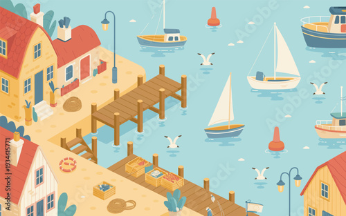 Charming coastal village with wooden piers, sailboats, and charming houses in a flat, illustrative style.