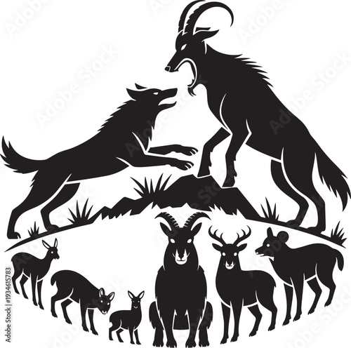 Wolf fighting ram goat deer rabbit animals on rocky mountain nature scene wildlife