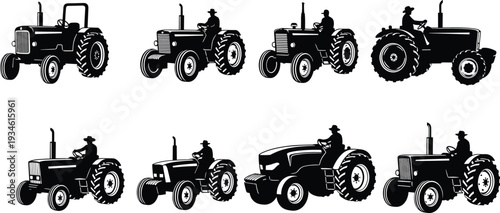 Silhouettes of tractors with drivers, vintage and modern farm machinery, agriculture equipment, farming industry, rural transportation