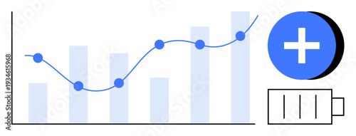 Data analytics. Growth chart showing trend analysis in business and finance with battery icon performance. Data analytics driving insights, forecasting, and optimization. For business, technology