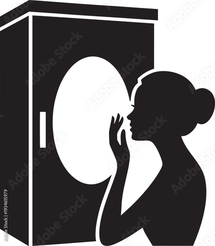 Woman silhouette looking into mirror for skincare routine or beauty treatment application