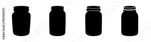 Four black fundraising jars in a row vector illustration, flat design