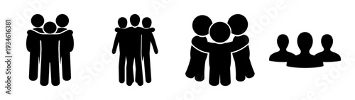 Diverse group hug vector illustration, people embracing each other in flat design