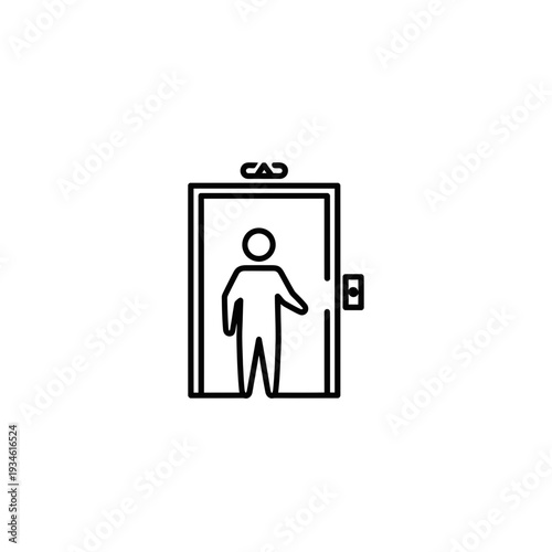 Minimalist flat line art icon showing a person inside an open elevator, perfect for symbolizing vertical transport, building accessibility, and urban movement solutions