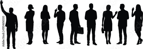 Silhouettes of confident business professionals gesturing, standing, collaborating, in office attire, isolated on white background, teamwork, communication, success, unity