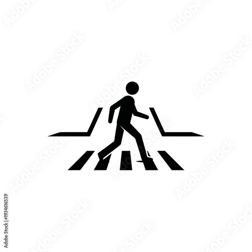 Black Monoline Graphic of a Person Walking on a Zebra Crosswalk, Symbolizing Pedestrian Safety, Urban Mobility, and Traffic Regulations in a Simple, Clear Icon Design