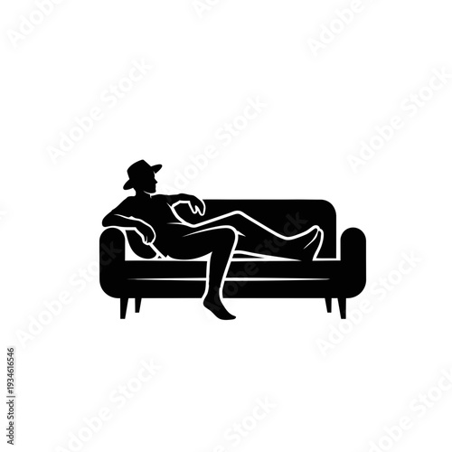 Minimalist black logo illustration featuring a stylish person in a hat leisurely relaxing on a comfortable sofa, embodying tranquility, home comfort, and serene domestic leisure