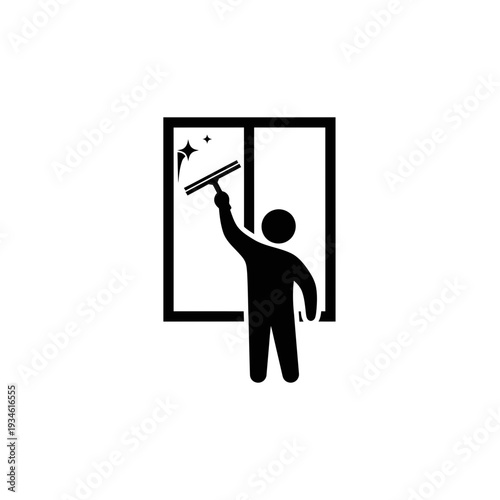 Black silhouette icon of a person using a squeegee to clean a sparkling window, representing professional cleaning services and domestic maintenance